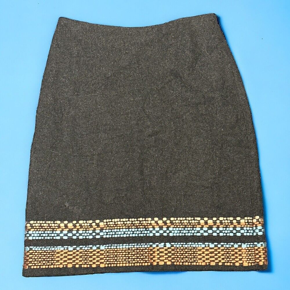 BODEN Women’s Gray Wool Blend Embroidered A Line Skirt Lined Side Zip Size US 2